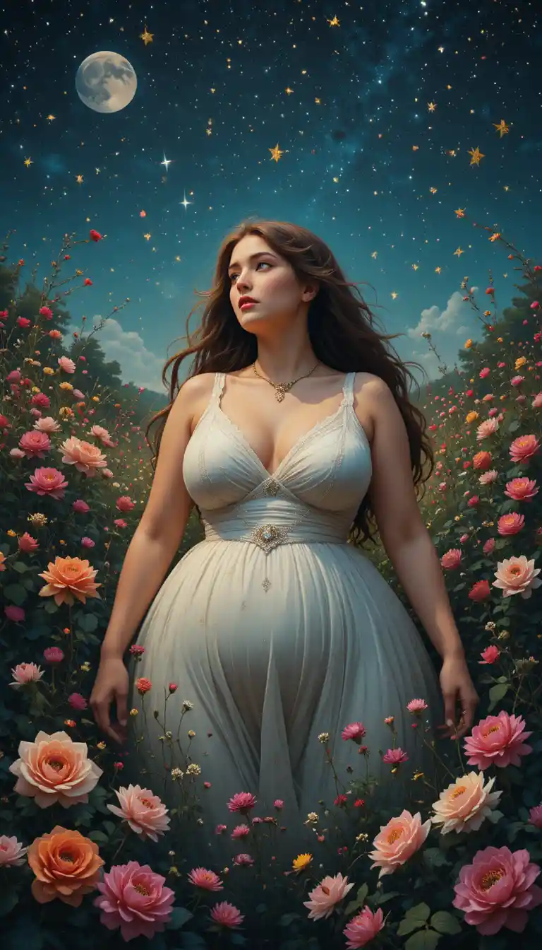 Curvy woman in a wildflower field under starry night