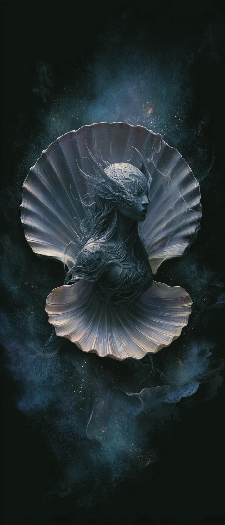 Mystical demon woman rising from an iridescent scallop shell