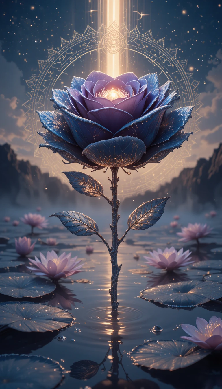 Rose d’Obsidienne Lumineuse Flottant sur un Étang de Verre Saphir
