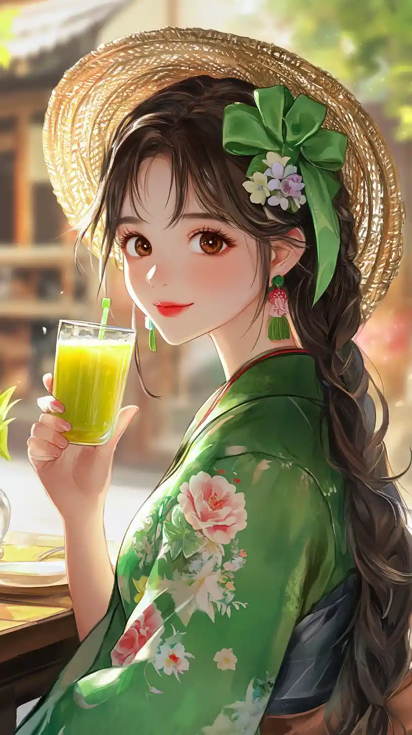Anime girl in green kimono at a cozy street cafe