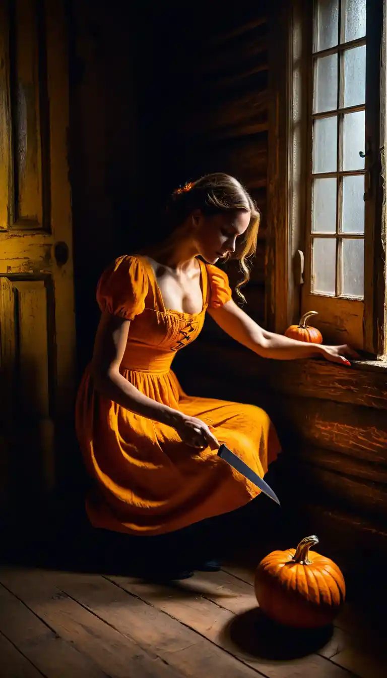 Woman with knife beside glowing pumpkin in rustic room