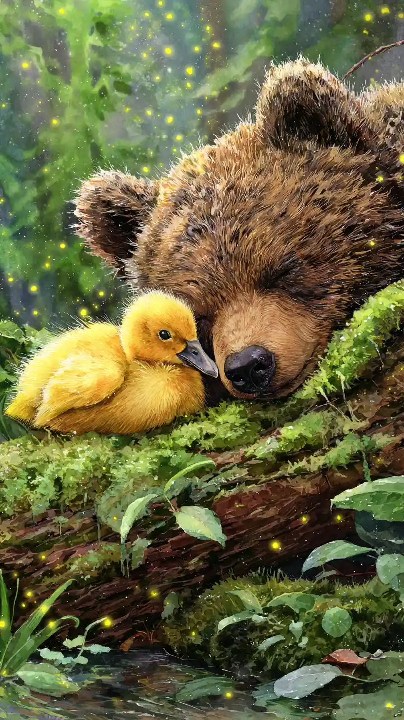 Niedliches Bärenjunges umarmt ein winziges Entenküken im Wald