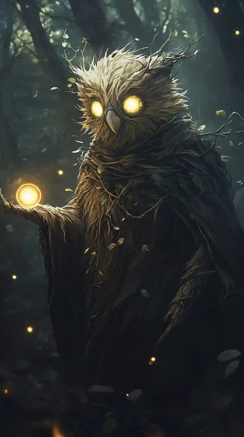 Mysterious forest creature offering a glowing orb in darkness