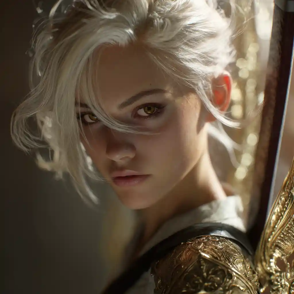 Nahaufnahme einer weißhaarigen Frau mit goldenen Augen, die prunkvolle goldene Rüstung trägt.