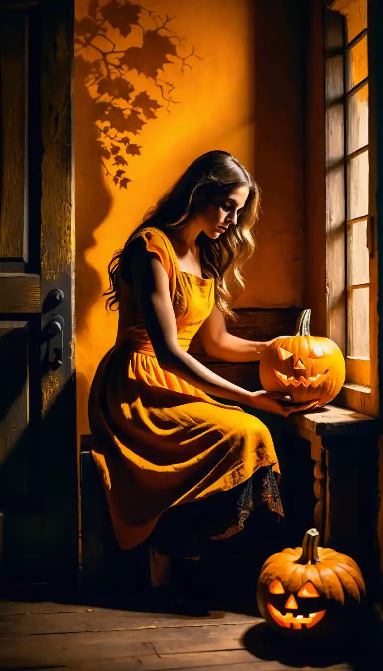 Woman with knife beside glowing pumpkin in rustic room