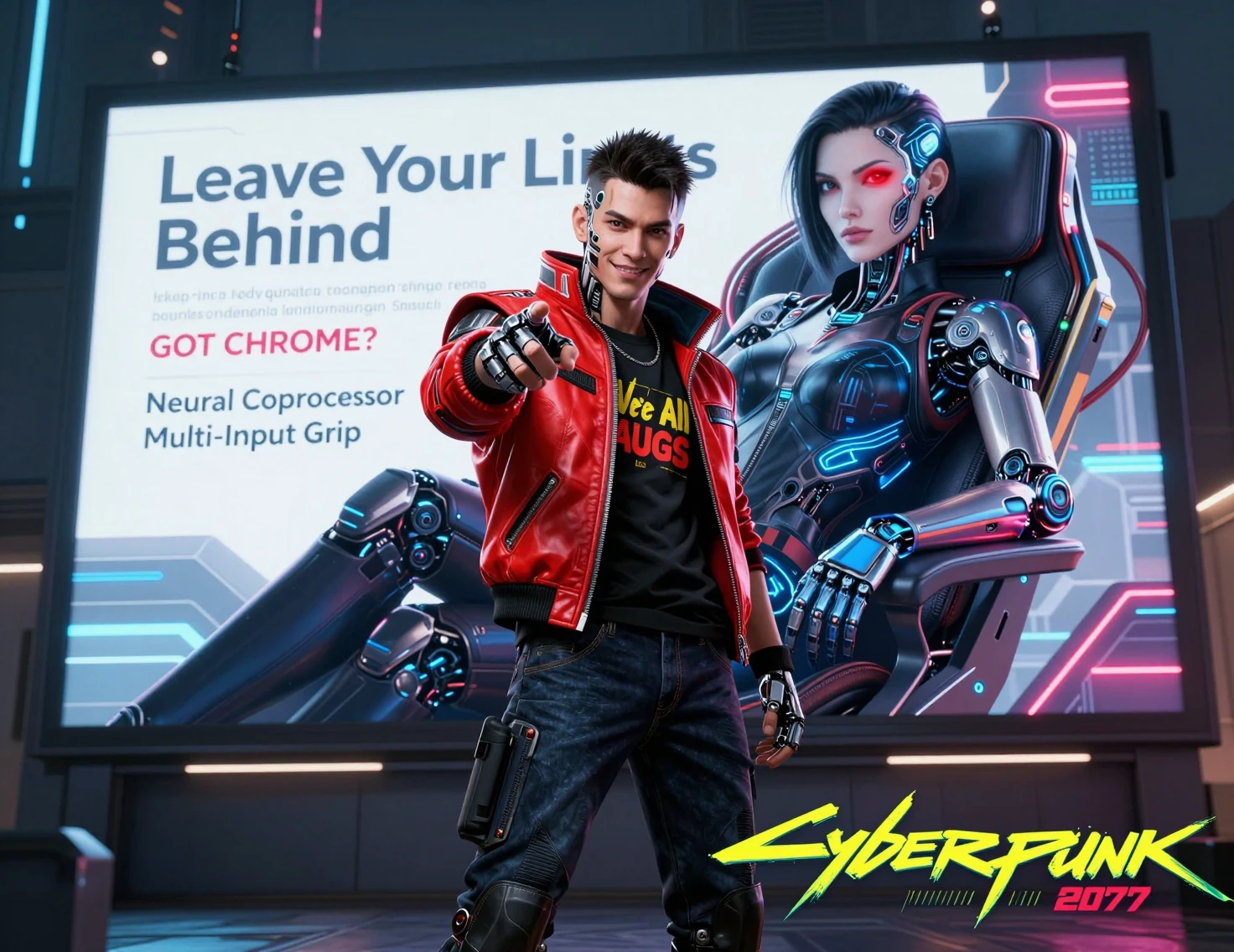 Homem cyberpunk apontando para a frente em uma rua de cidade neon