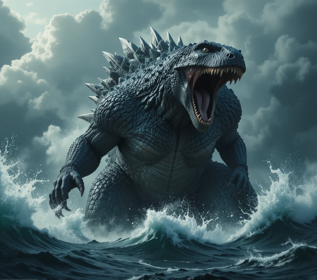 Colossal sea monster roaring from a stormy ocean