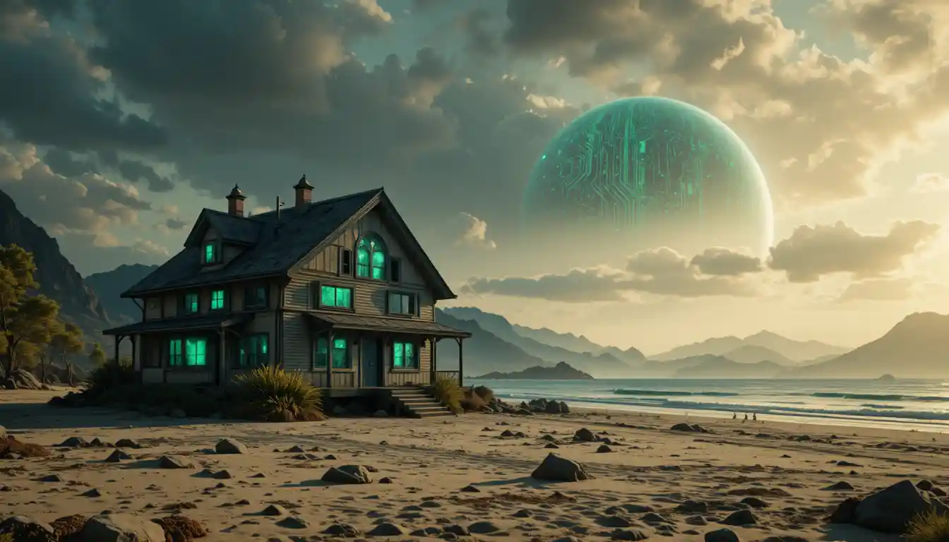 Futuristic beach house under a dark sky and giant planet