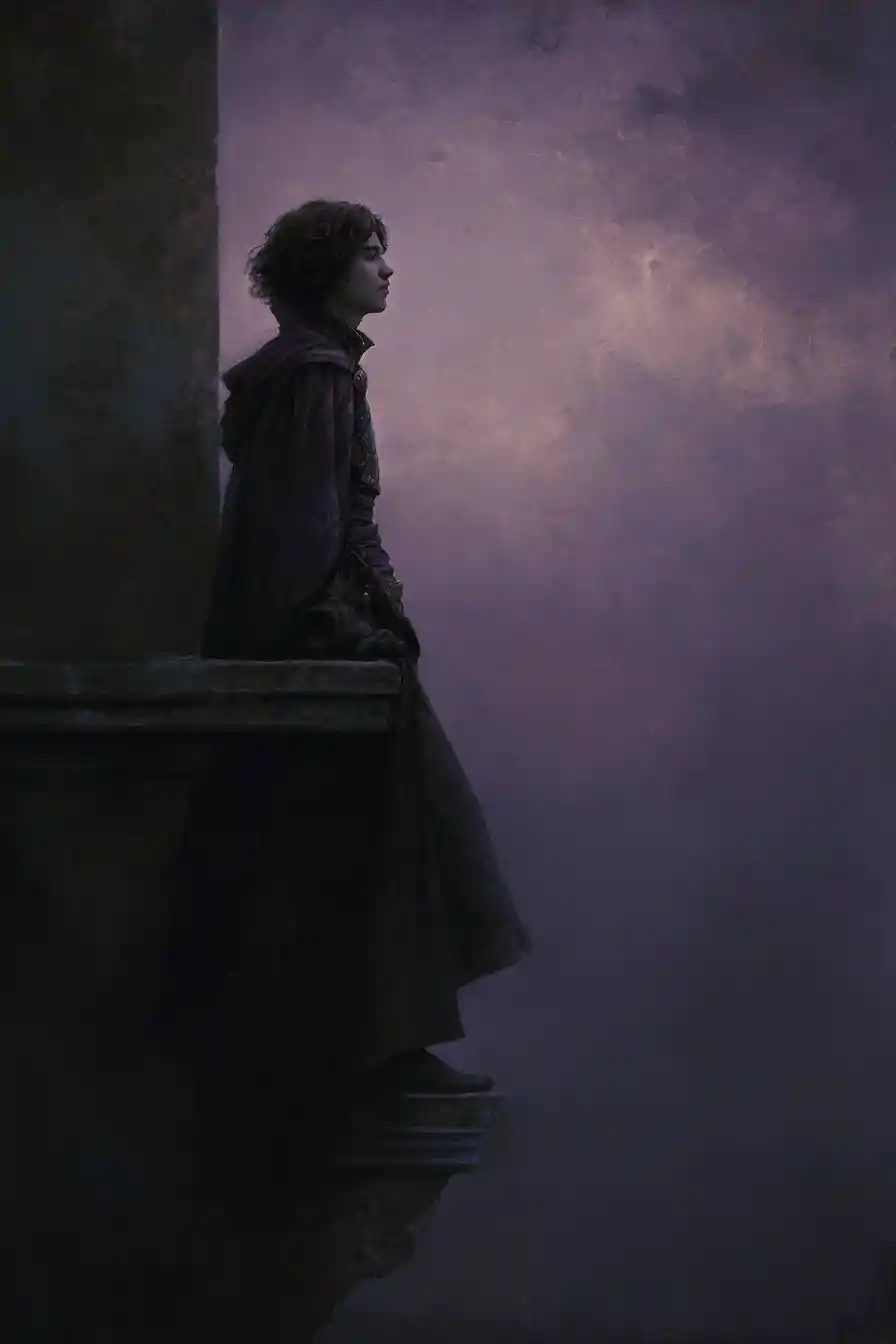 Medieval archmage on a stone balcony at night