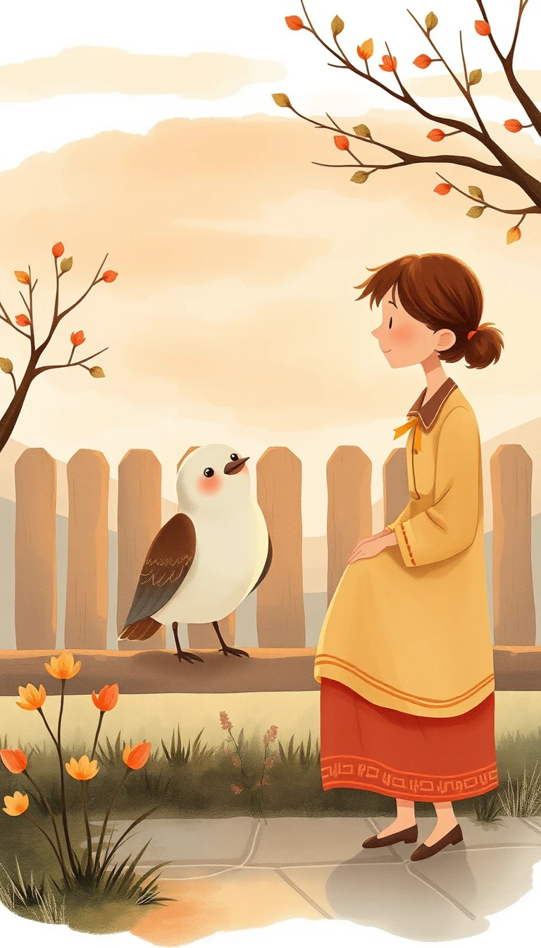 Warme Heim-Illustration mit Vogel und Mutter bei Sonnenuntergang