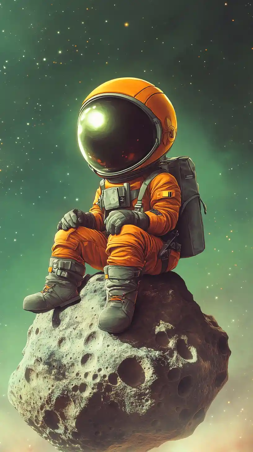 Dolce astronauta arancione seduto su una piccola roccia lunare