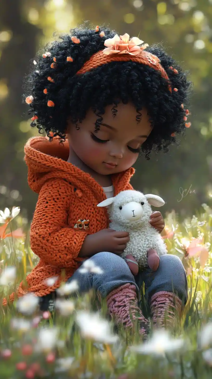 Cute baby girl in orange jacket holding plush sheep