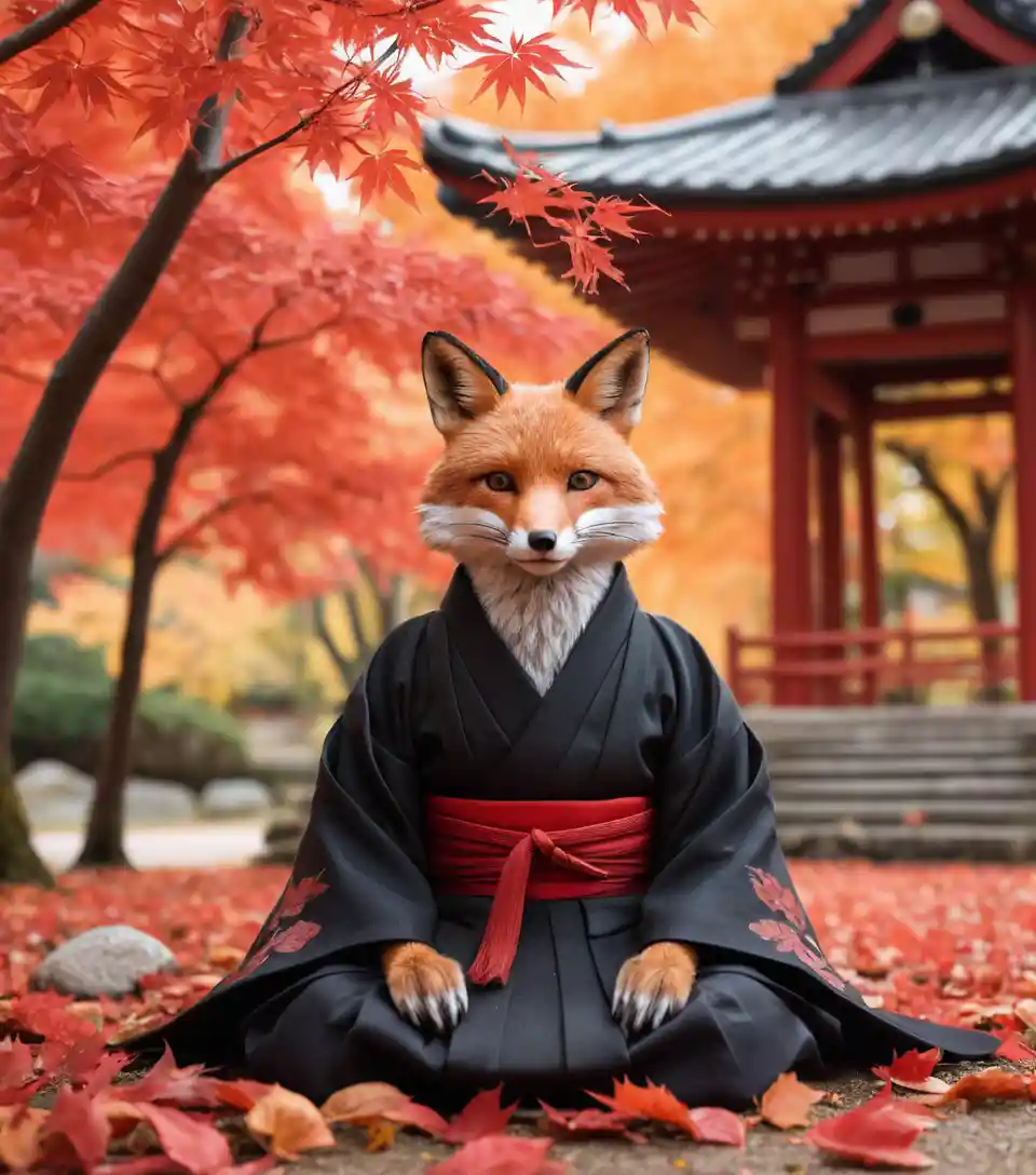 Samurai volpe che riposa tra foglie di acero rosse che cadono