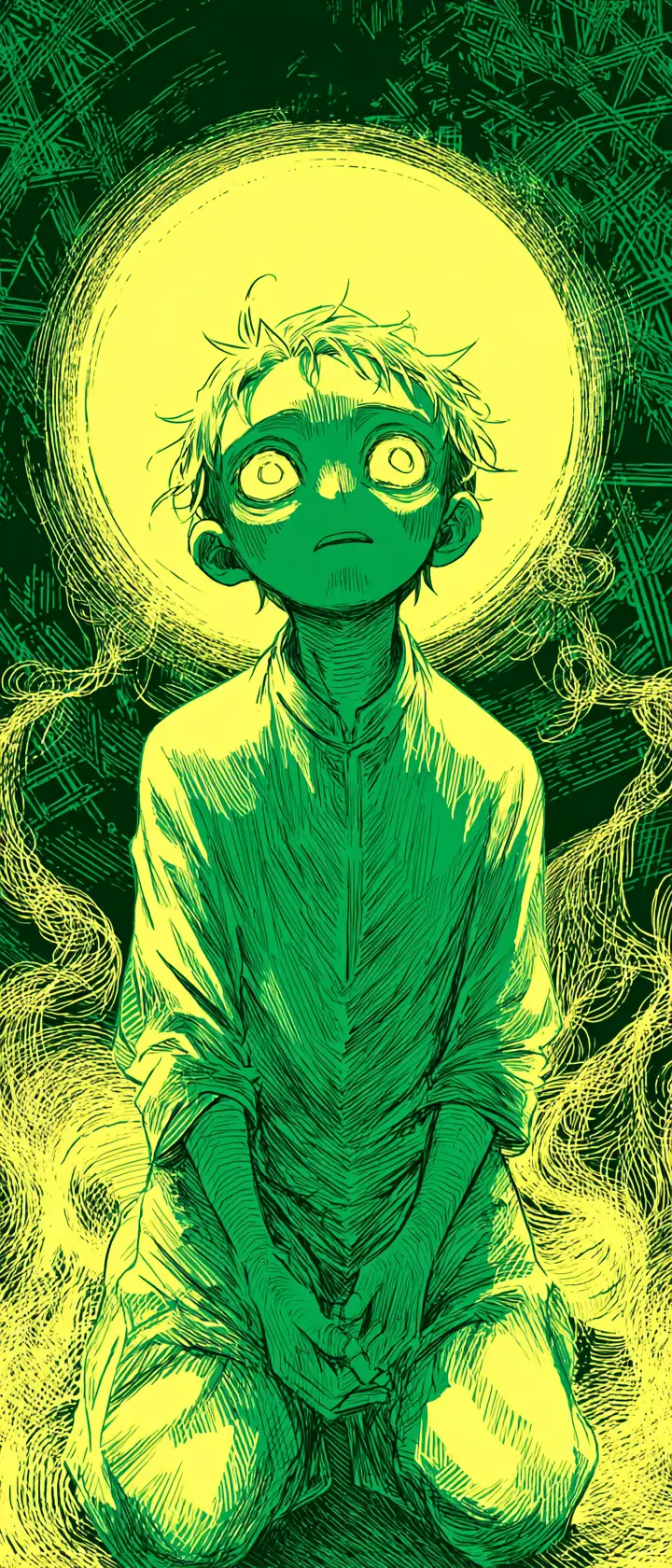 Anime child in white thobe bound by golden threads