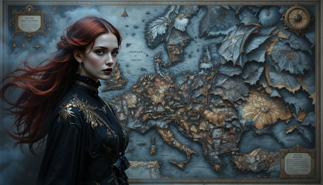 Gothic vampire woman with flowing red hair in dramatic light