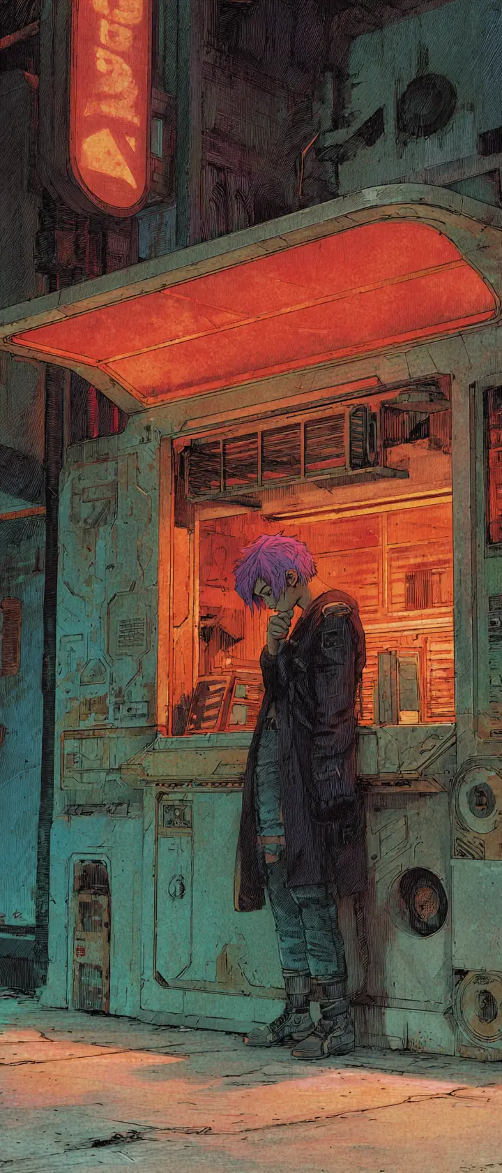 Brooding purple haired man in front of barred storefront