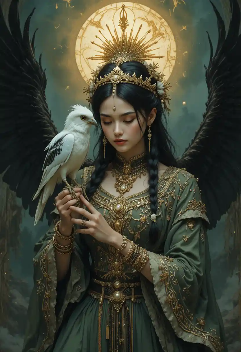 Dark fantasy princess with white raven and glowing halo