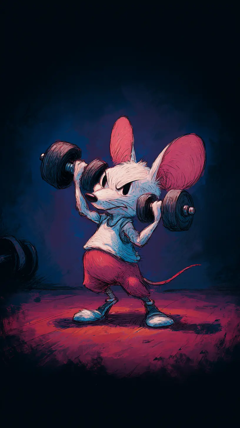 Determined little mouse lifting weights in tiny comic gym