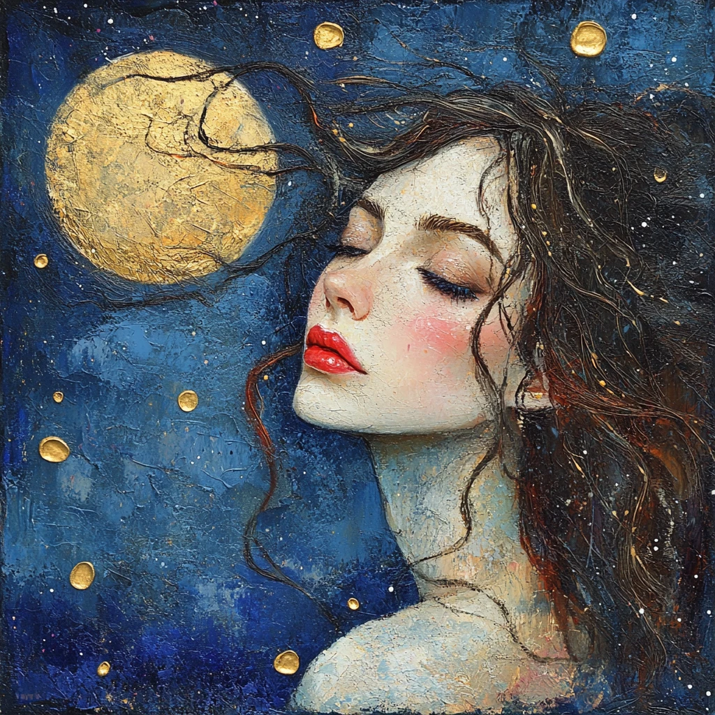 Donna dagli occhi viola che sorride al cielo illuminato dalla luna