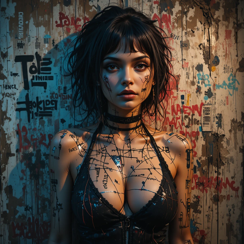Ritratto graffiti di una donna cyberpunk su un muro cittadino in rovina