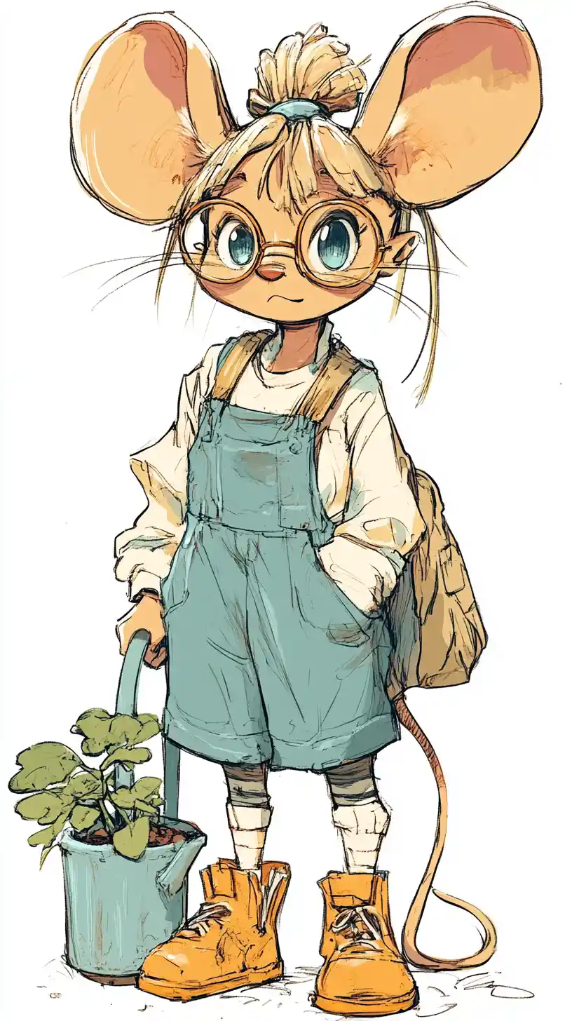 Anime girl watering a plant in mint and blue tones