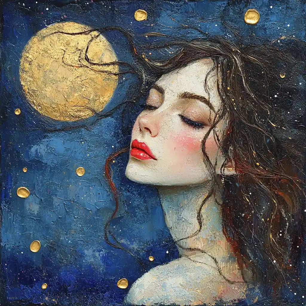 Mulher de olhos violetas sorrindo para o céu ao luar