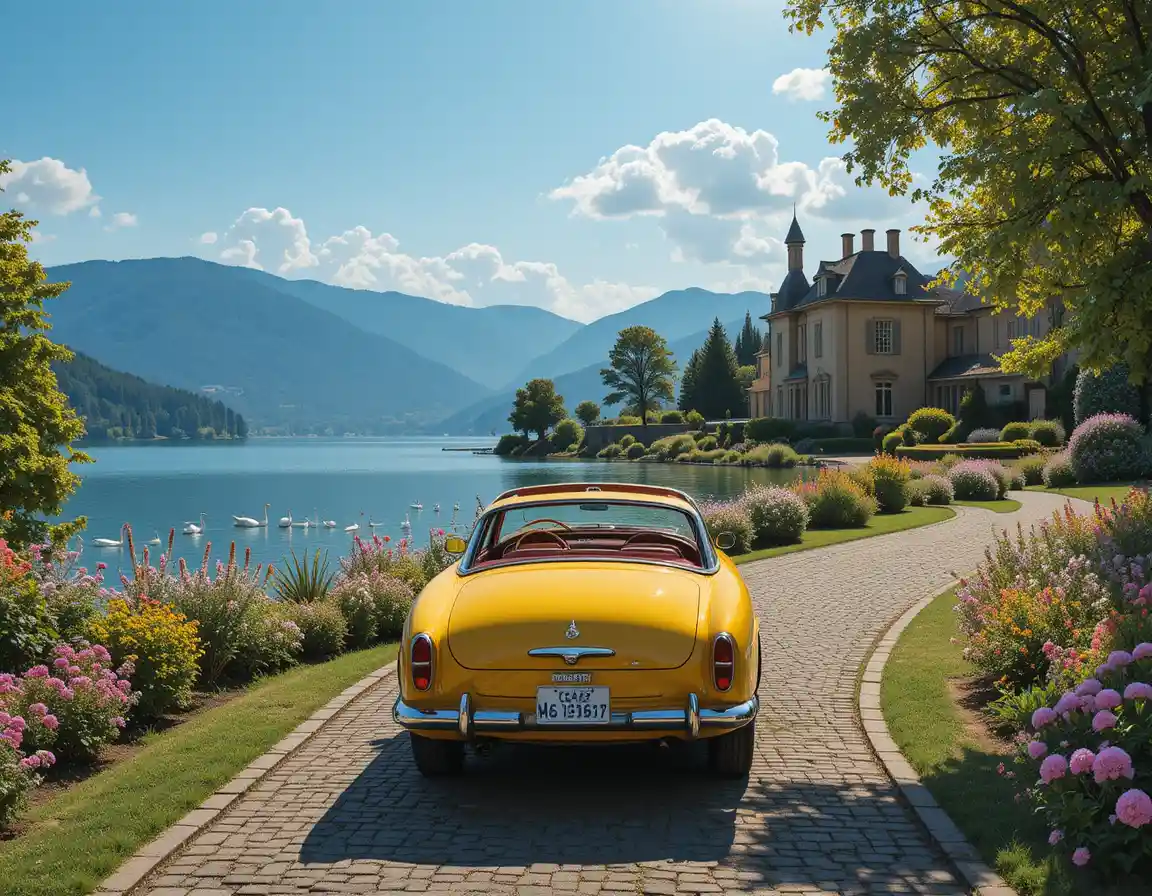 Classic yellow convertible parked before lakeside mansion