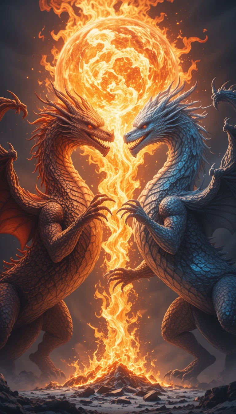 Feuer- und Eisdrachen schmieden eine kolossale Elementarkugel