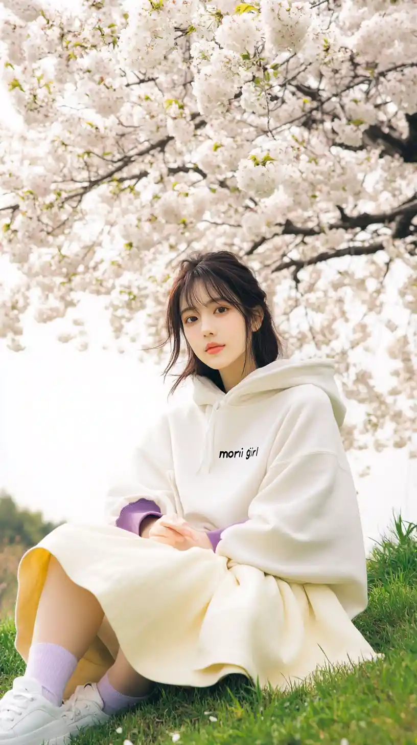 Young woman on spring hillside beneath cherry blossoms