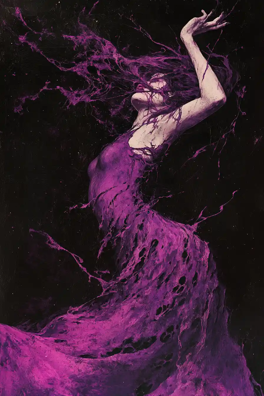 Glamorous woman in dark cosmic violet abstract background