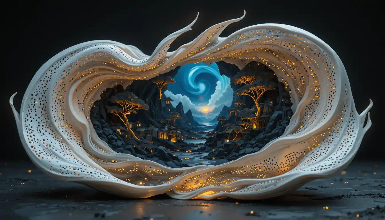 Surreal candle city glowing on dark metallic surface