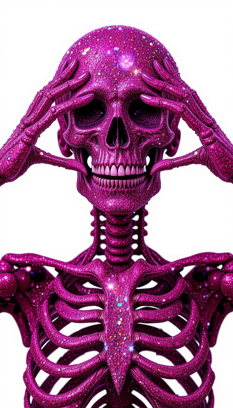 Ritratto giocoso di scheletro con glitter magenta su sfondo bianco