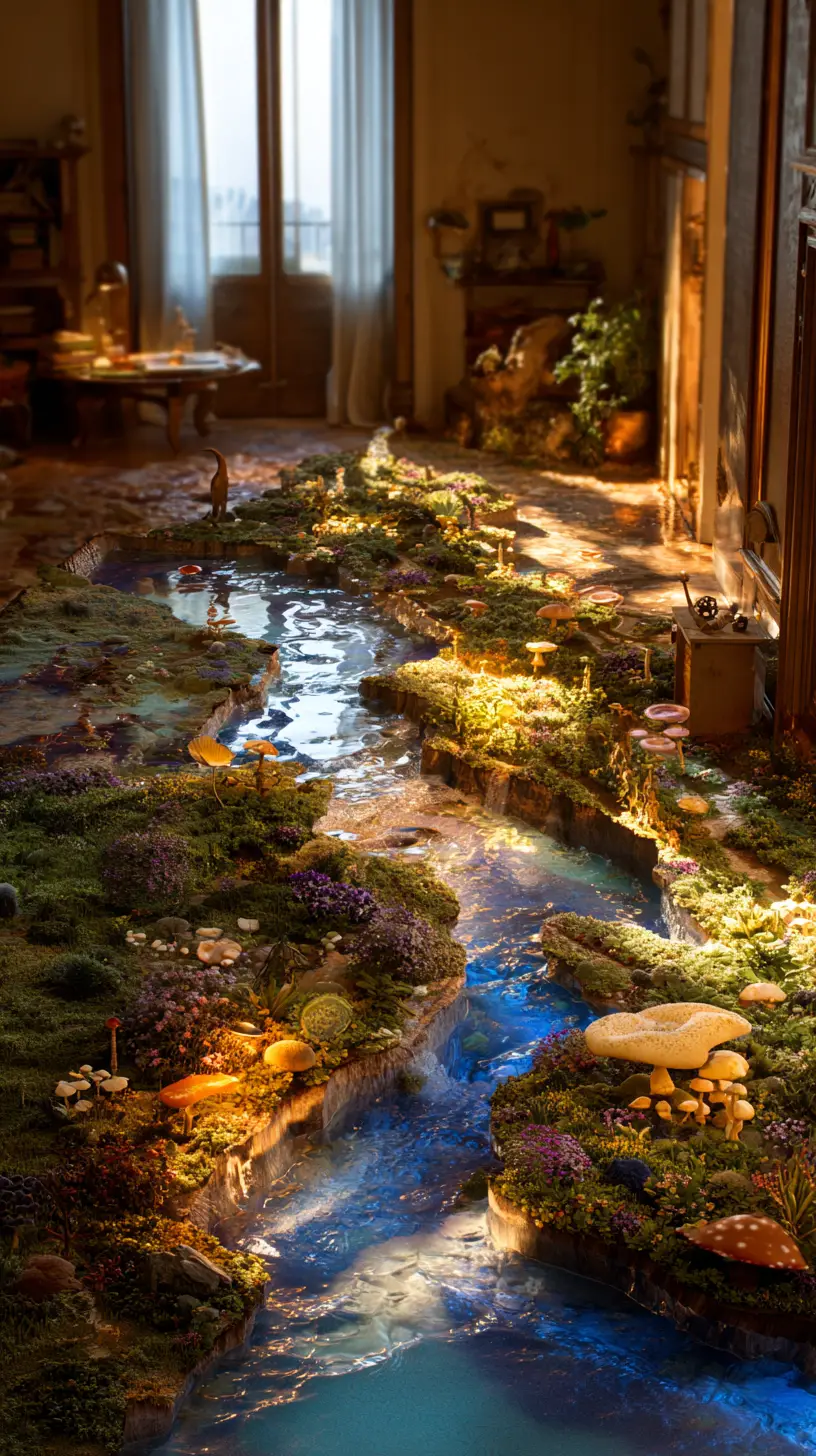 Whimsical living room map spilling a tiny wild world