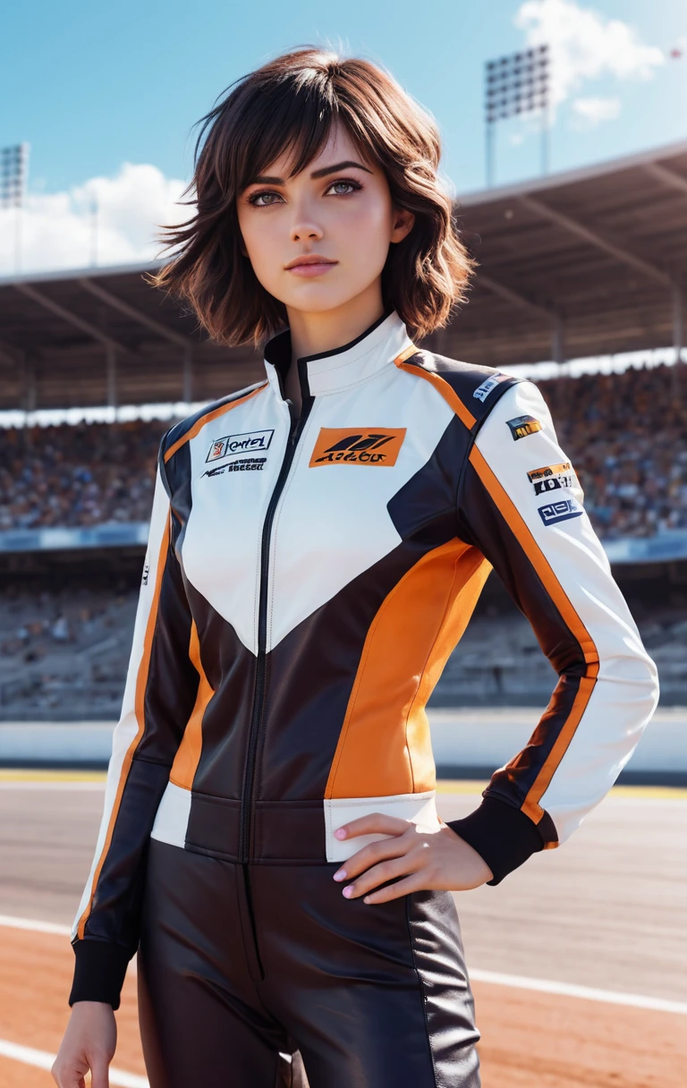 Anime racer girl in black and orange suit at racetrack