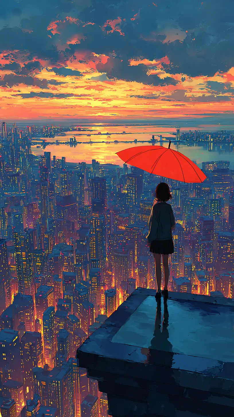 Anime girl with red umbrella on sunset city rooftop