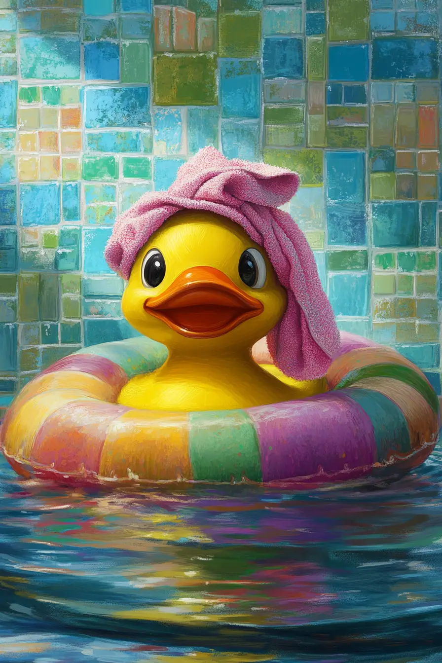 Playful rubber duck in colorful storybook bath scene