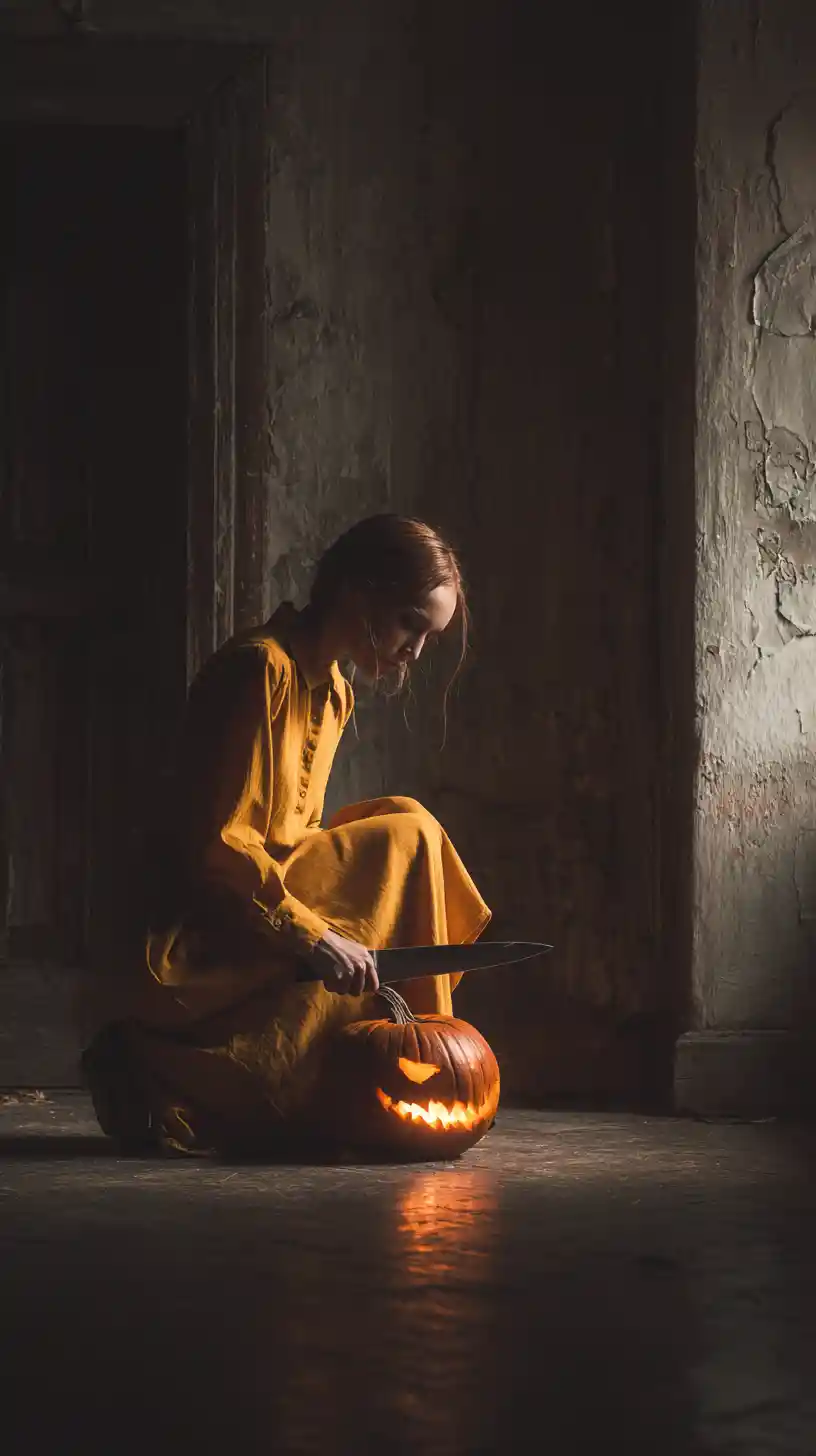 Woman with knife beside glowing pumpkin in rustic room