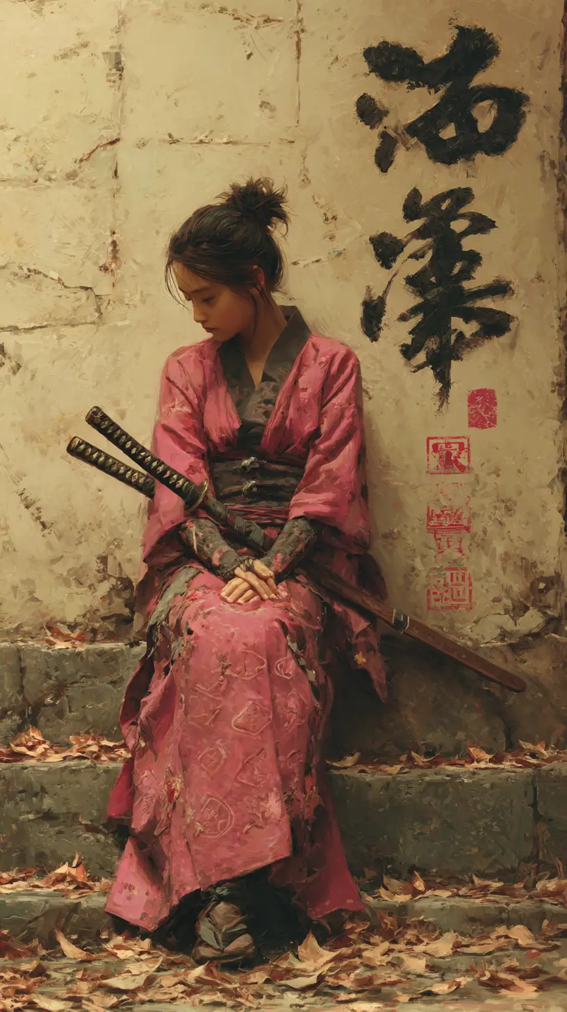 Woman in pink kimono holding katana on stone steps