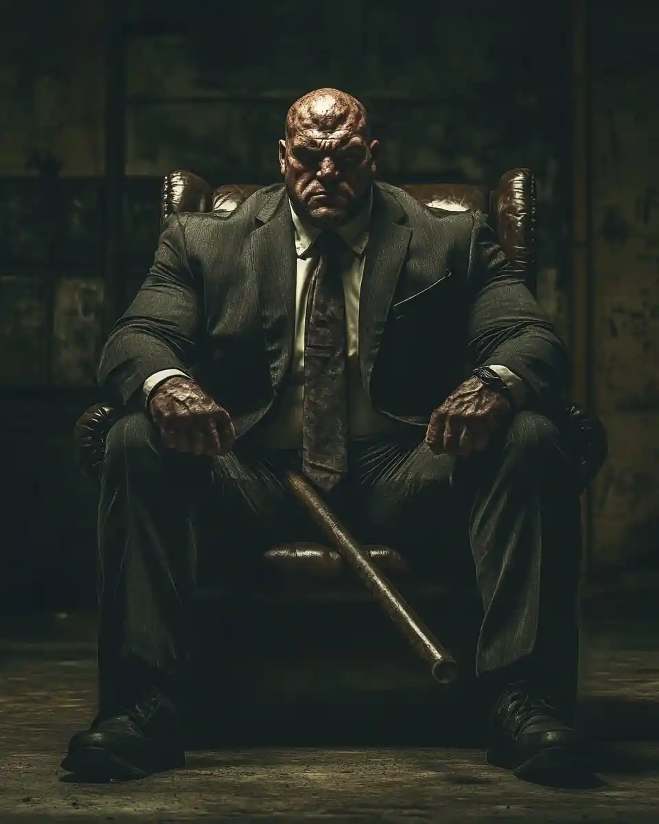 Bulldog crime boss on a throne in a dark warehouse