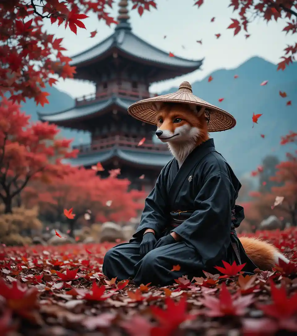 Samurai volpe che riposa tra le foglie di acero rosse in autunno