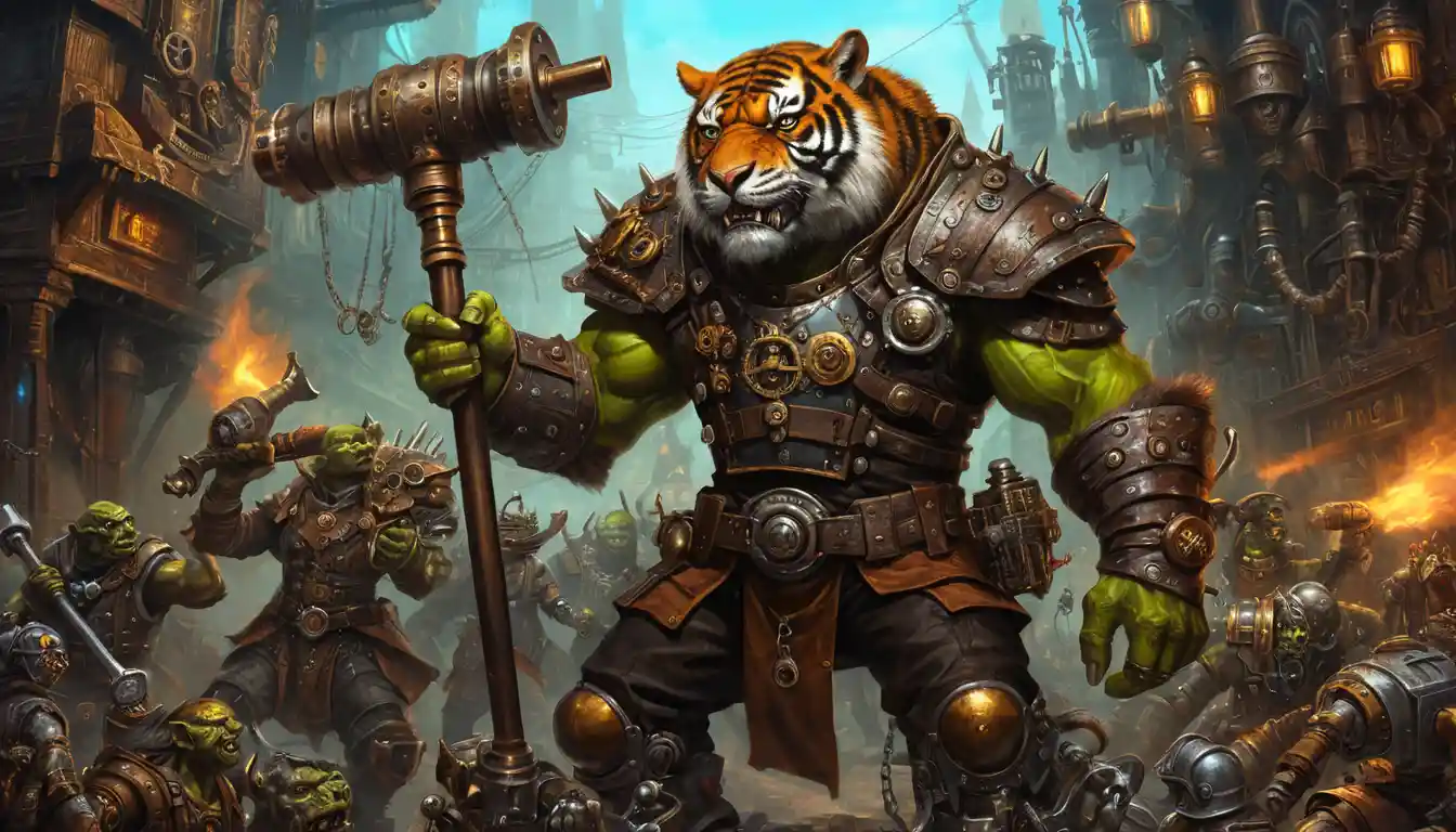 Orc war chief rallying his army in neon fantasy city