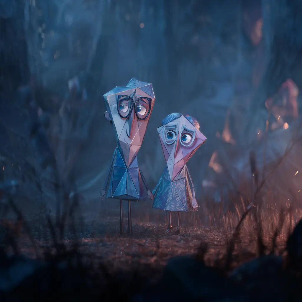 Surreal heroes wandering through mist in a childlike dream