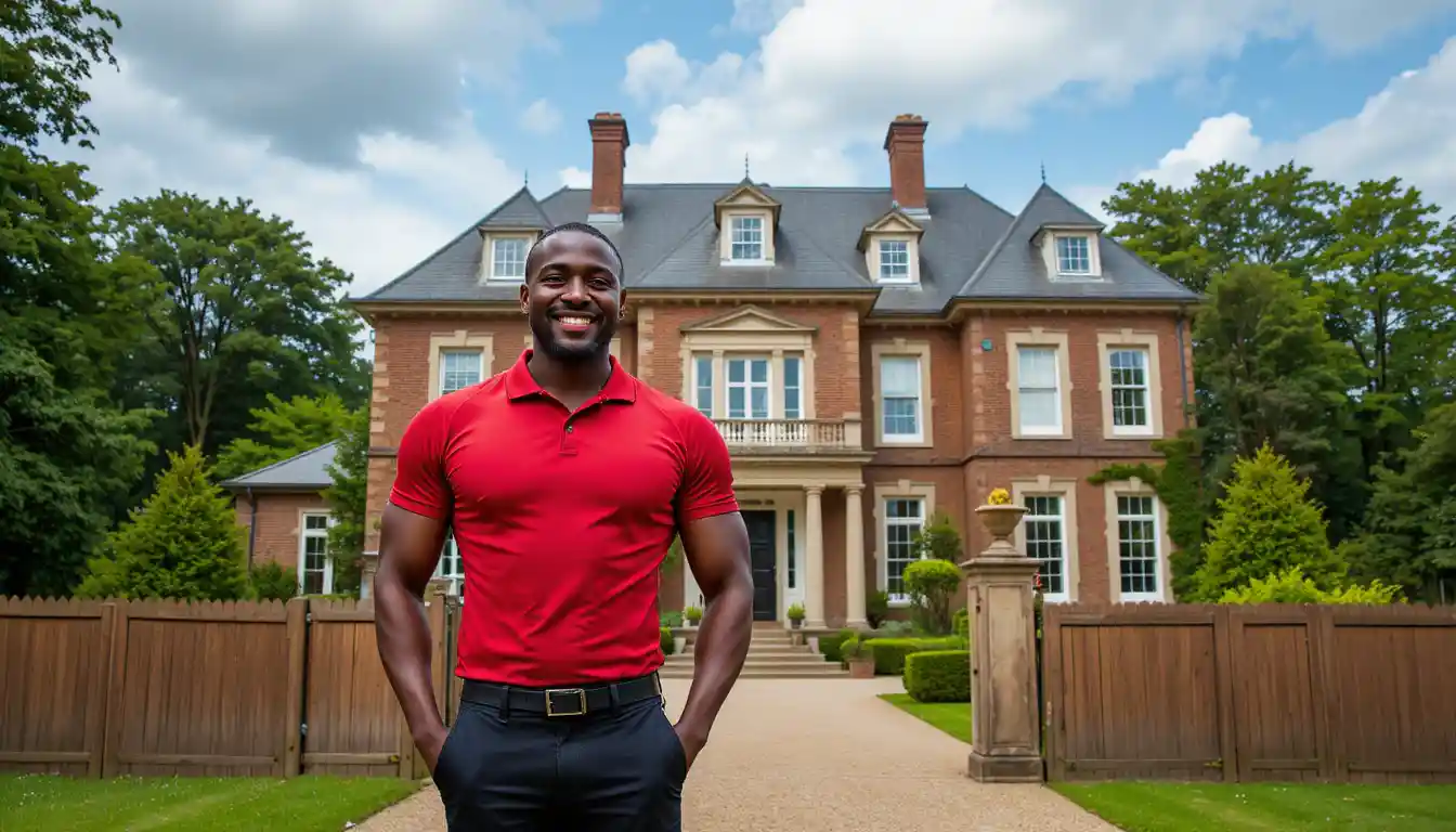 Confident man standing before elegant victorian brick house