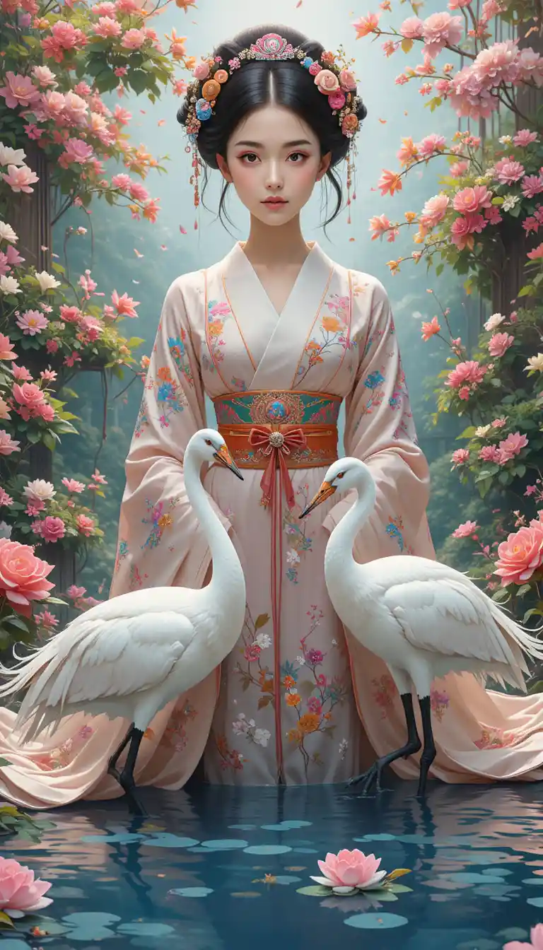 Serena principessa giapponese in kimono di seta accanto a uno stagno blu