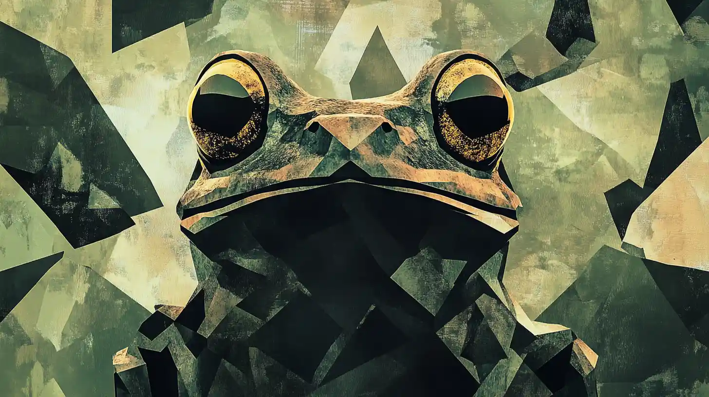 Cubist frog portrait with intense eyes and abstract background