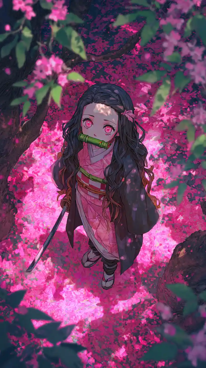 Anime girl with katana in cherry blossom forest