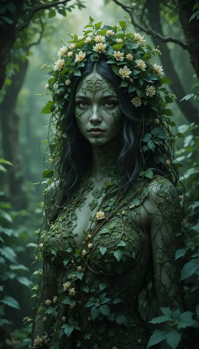 Mystical Earth Sorceress Emerging From Lush Green Foliage