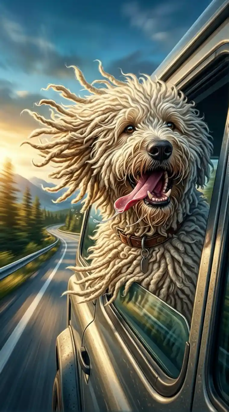 Allegro cane komondor che si gode il vento dal finestrino dell'auto