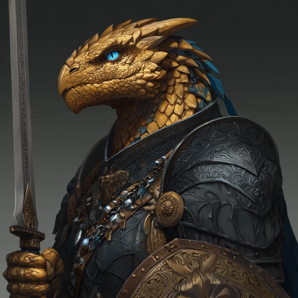 Dragonborn paladin in dark armor with sword and shield