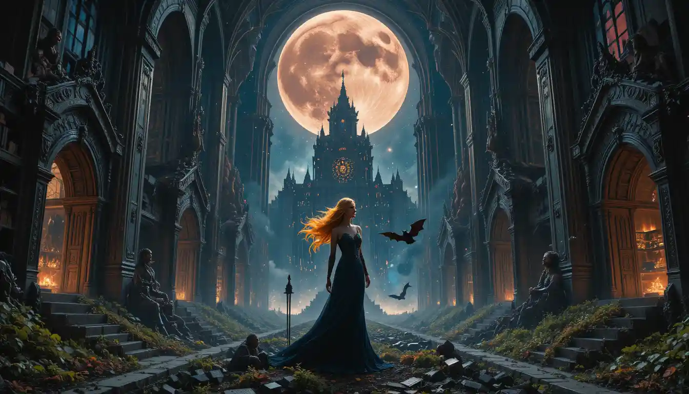 Vampire woman in a cosmic cathedral of books and mirrors